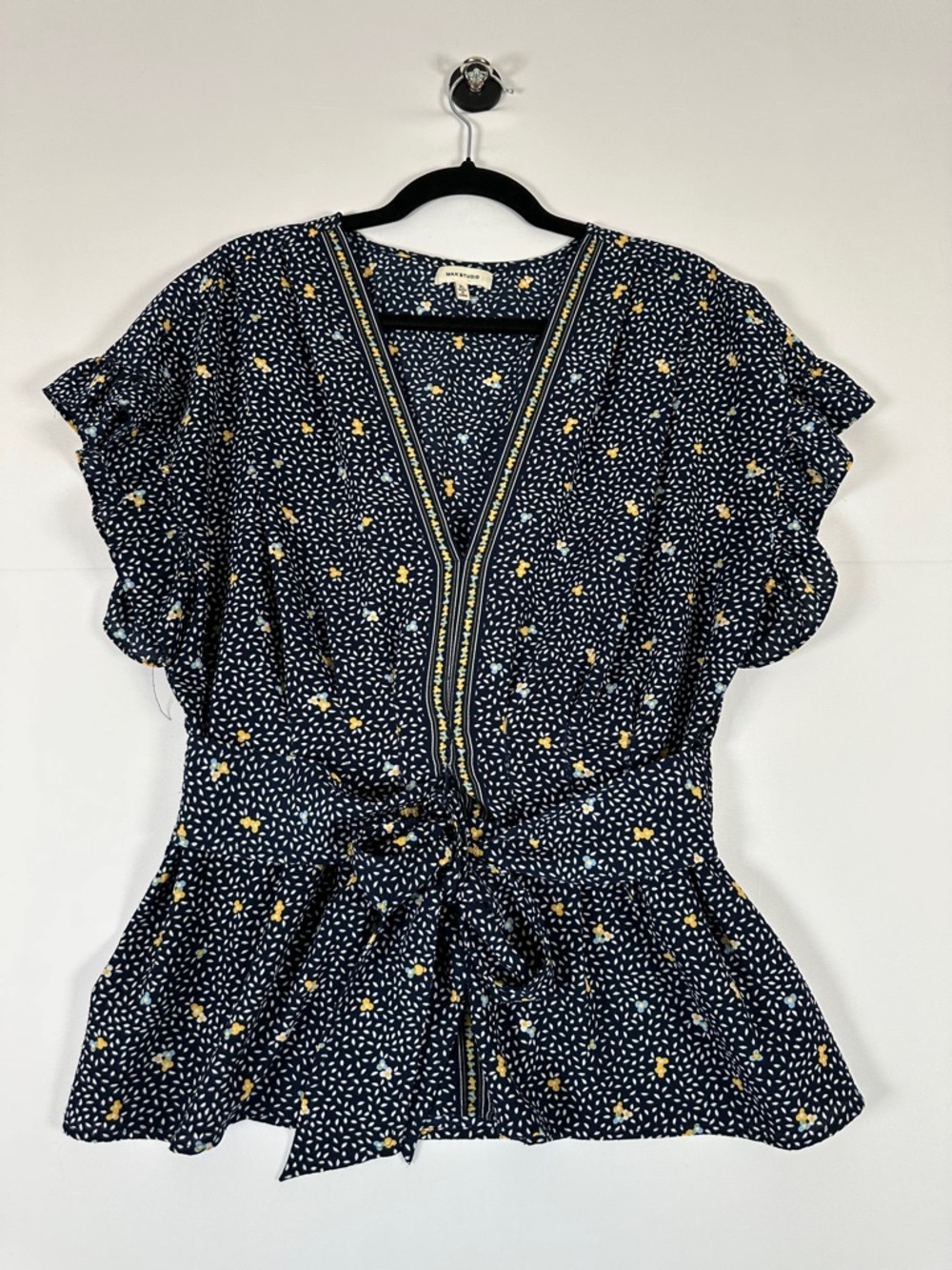 Max Studio Navy Floral Peplum Blouse V Neck Flutter Sleeve Tie Front Size XL